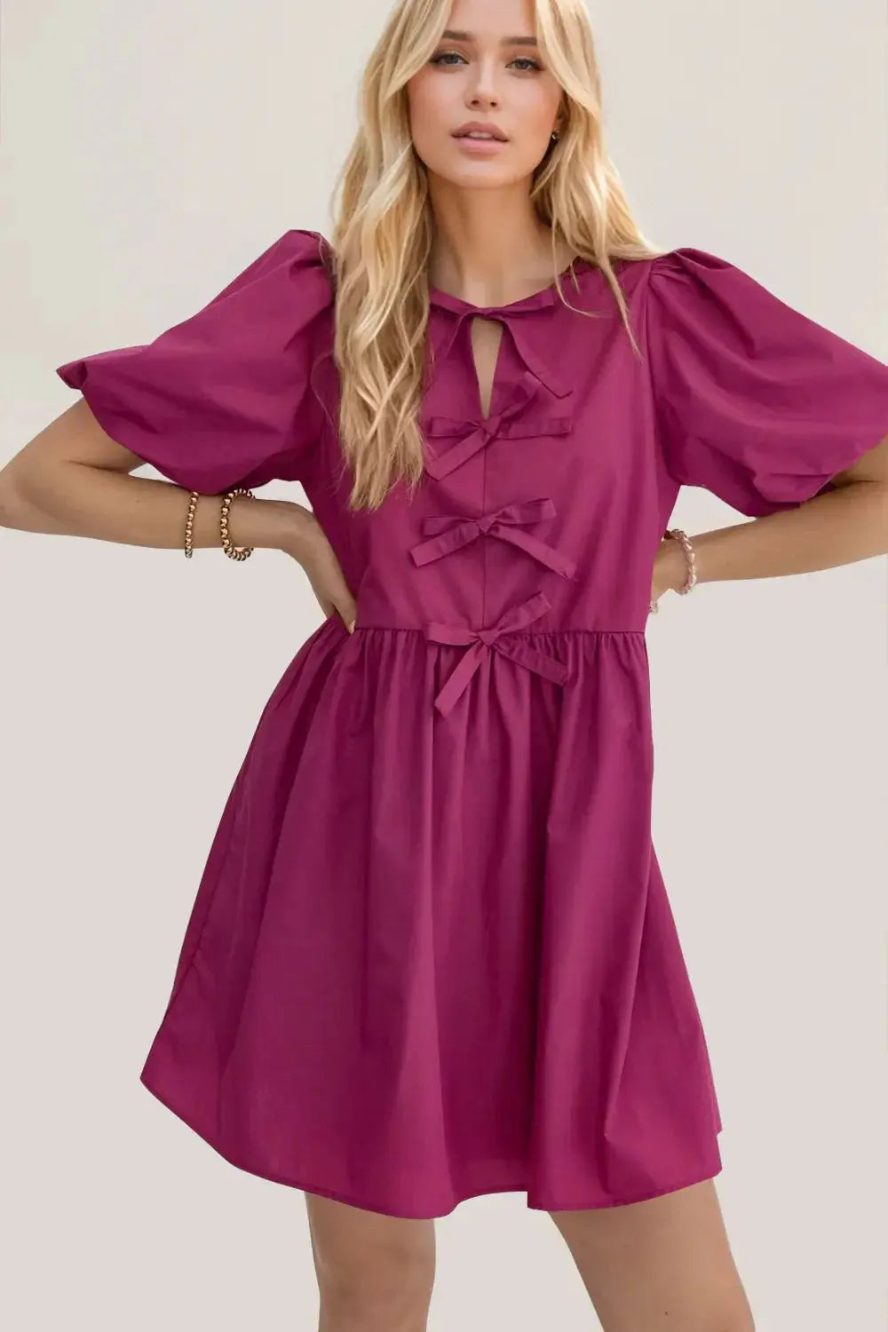 Oh Bow Ruched Puff Sleeve Mini Dress - Love Salve